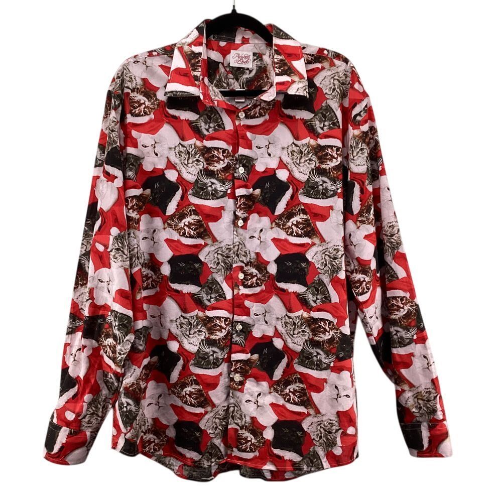 Happy Store Christmas‎ Cat Print Top Size Large Button Down Shirt Holiday Santa